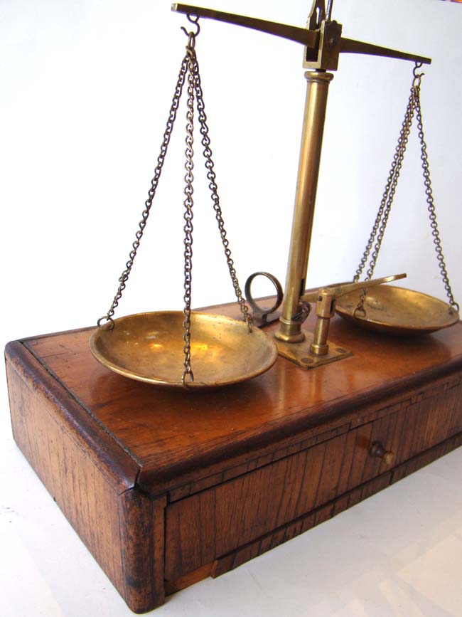 A lovely set of antique jeweler's scales mounted on a fruitwood base circa 1860 — image 3